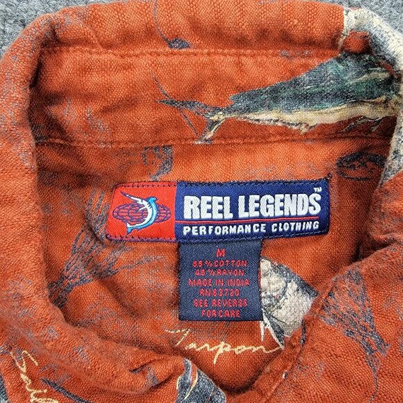 Reel Legends Shirt Mens Medium Orange Button Up Marlin Fish All Over Print - Picture 6 of 9